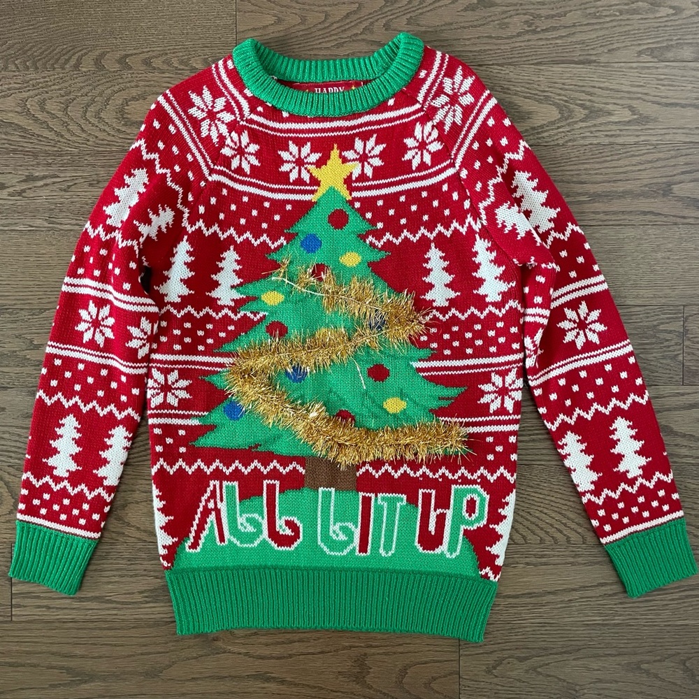 Kids Christmas Sweater - Christmas Tree - Red, Green, & White - Gold Tinsel